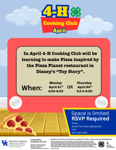 Cooking Club April 21st and april 24th 4-6PM . Students will be learning to make pizza